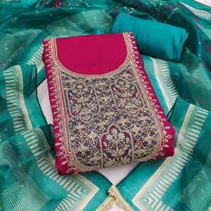 Pink Unstitched Dress Material in Cotton Blend with Elegant Sequins & Floral Embroidery