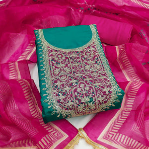 Rama Green Unstitched Dress Material in Cotton Blend with Elegant Sequins & Floral Embroidery