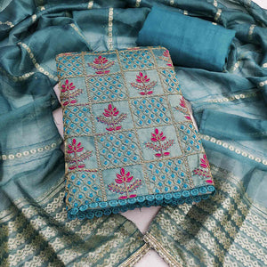 Blue Floral Thread Embroidered Viscose Dress Material With Sequins For Sophisticated Ethnic Style