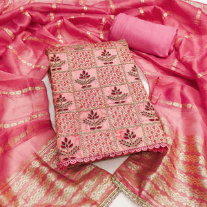 Pink Floral Thread Embroidered Viscose Dress Material With Sequins For Sophisticated Ethnic Style
