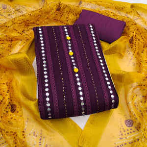 Wine Cotton Silk Dress Material Enhanced With Intricate Thread Embroidery & Gota Patti Work