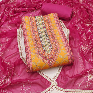 Pink & Yellow Pure Cotton Dress Material With Digital Prints & Elegant Moti Handwork Accents