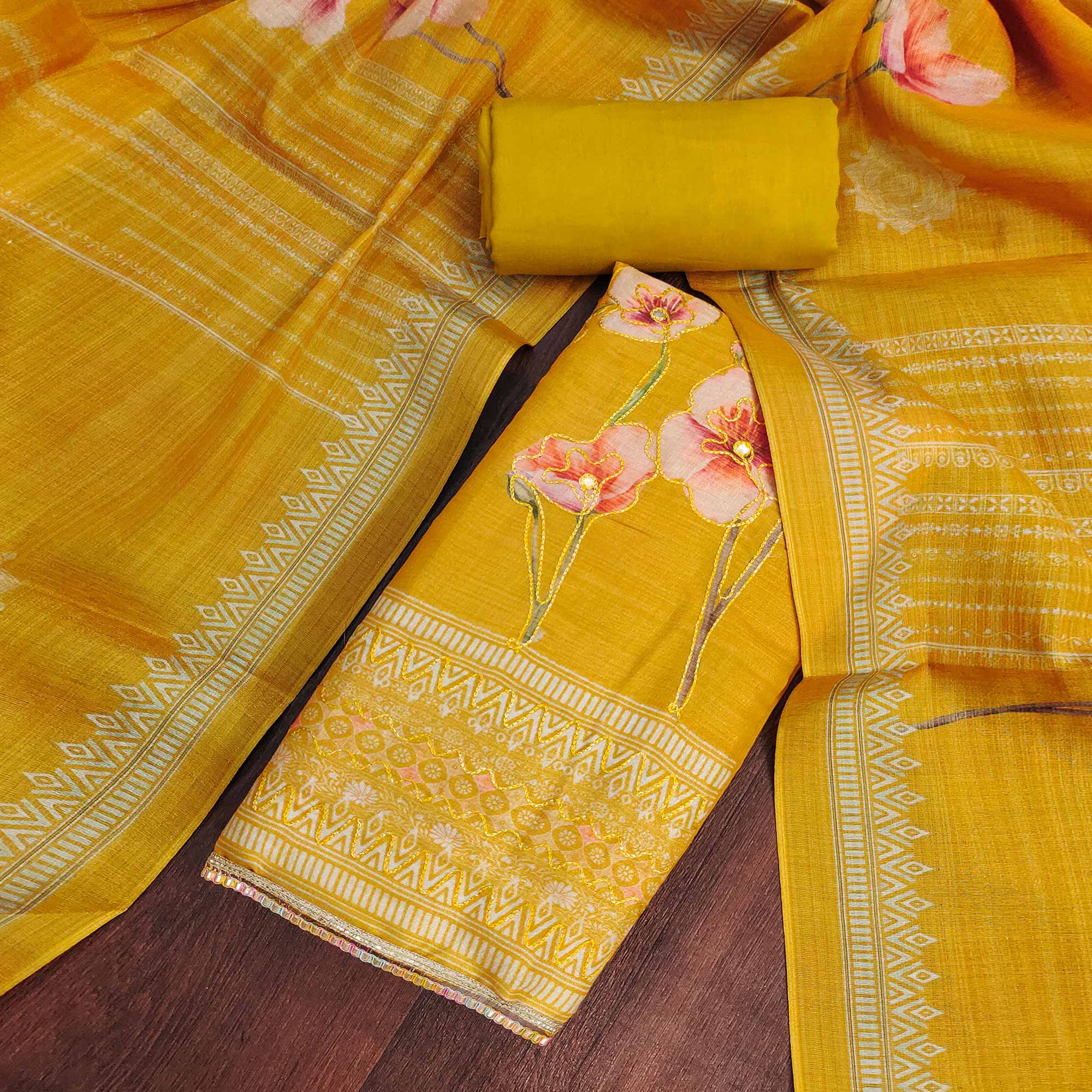 Mustard Cotton Silk Dress Material Enhanced With Blooming Floral Digital Prints & Elegant Embroidery