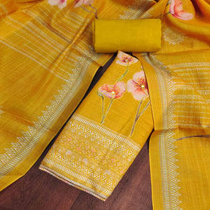 Mustard Cotton Silk Dress Material Enhanced With Blooming Floral Digital Prints & Elegant Embroidery