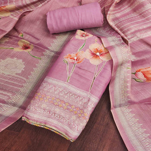 Pink Cotton Silk Dress Material Enhanced With Blooming Floral Digital Prints & Elegant Embroidery