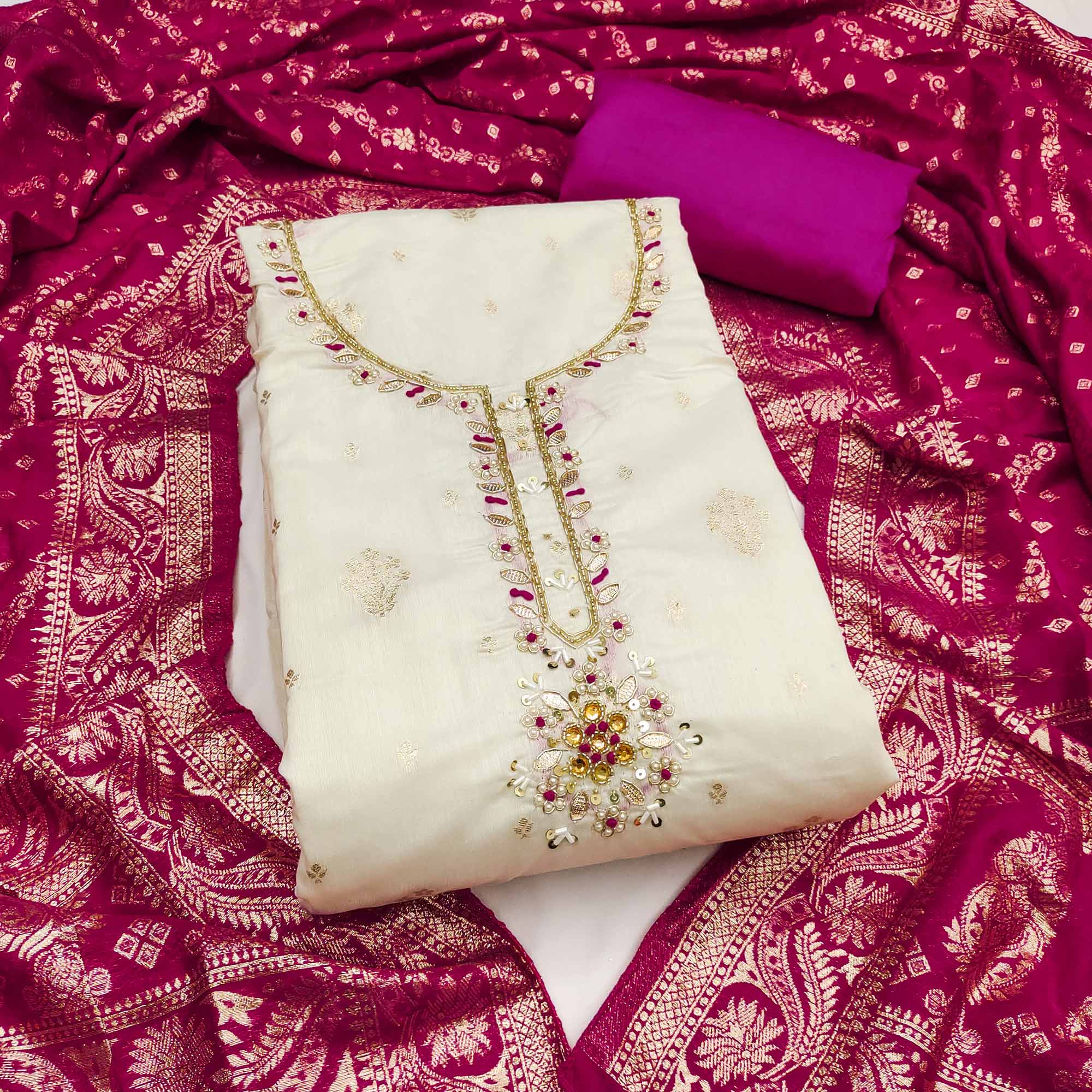 Off White & Pink Beads Work Cotton Silk Dress Material in Weaving Style
