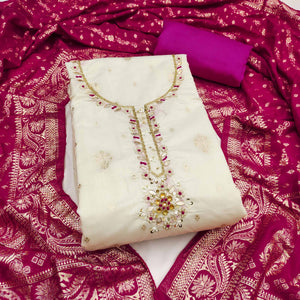 Off White & Pink Beads Work Cotton Silk Dress Material in Weaving Style