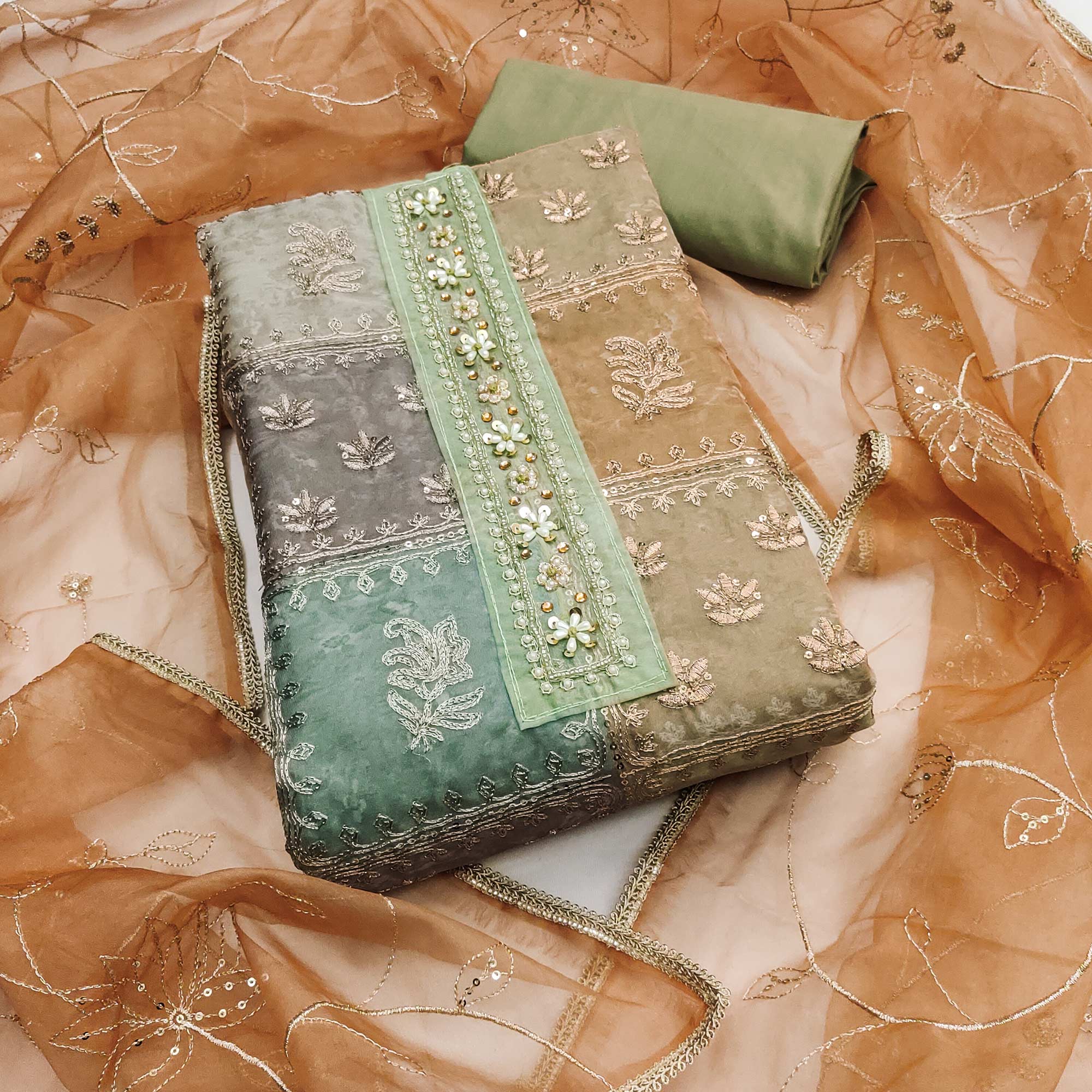 Green Organza Dress Material With Floral Sequins Embroidery & Delicate Moti Handwork