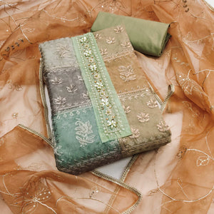 Green Organza Dress Material With Floral Sequins Embroidery & Delicate Moti Handwork