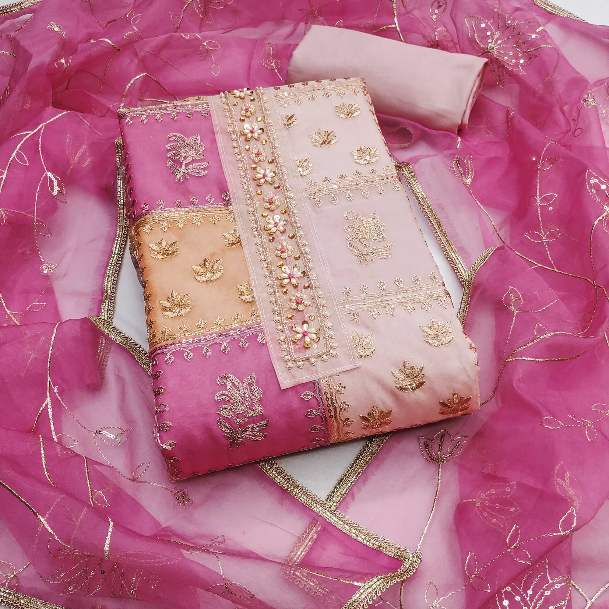 Pink Organza Dress Material With Floral Sequins Embroidery & Delicate Moti Handwork