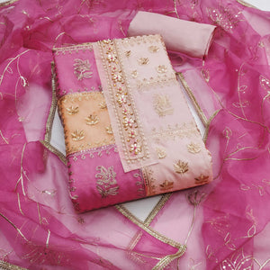 Pink Organza Dress Material With Floral Sequins Embroidery & Delicate Moti Handwork