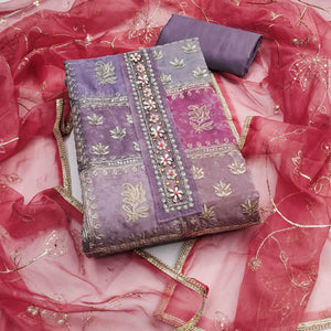 Purple Organza Dress Material With Floral Sequins Embroidery & Delicate Moti Handwork