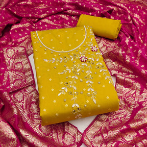 Mustard Unstitched Cotton Silk Dress Fabric with Gota Patti Embroidery and Woven Finish