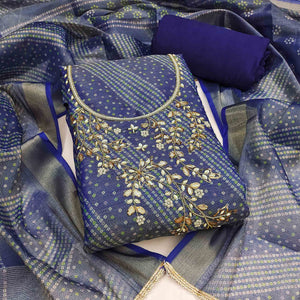 Bandhani Printed Navy Blue Cotton Silk Dress Material with Hand Embellishment