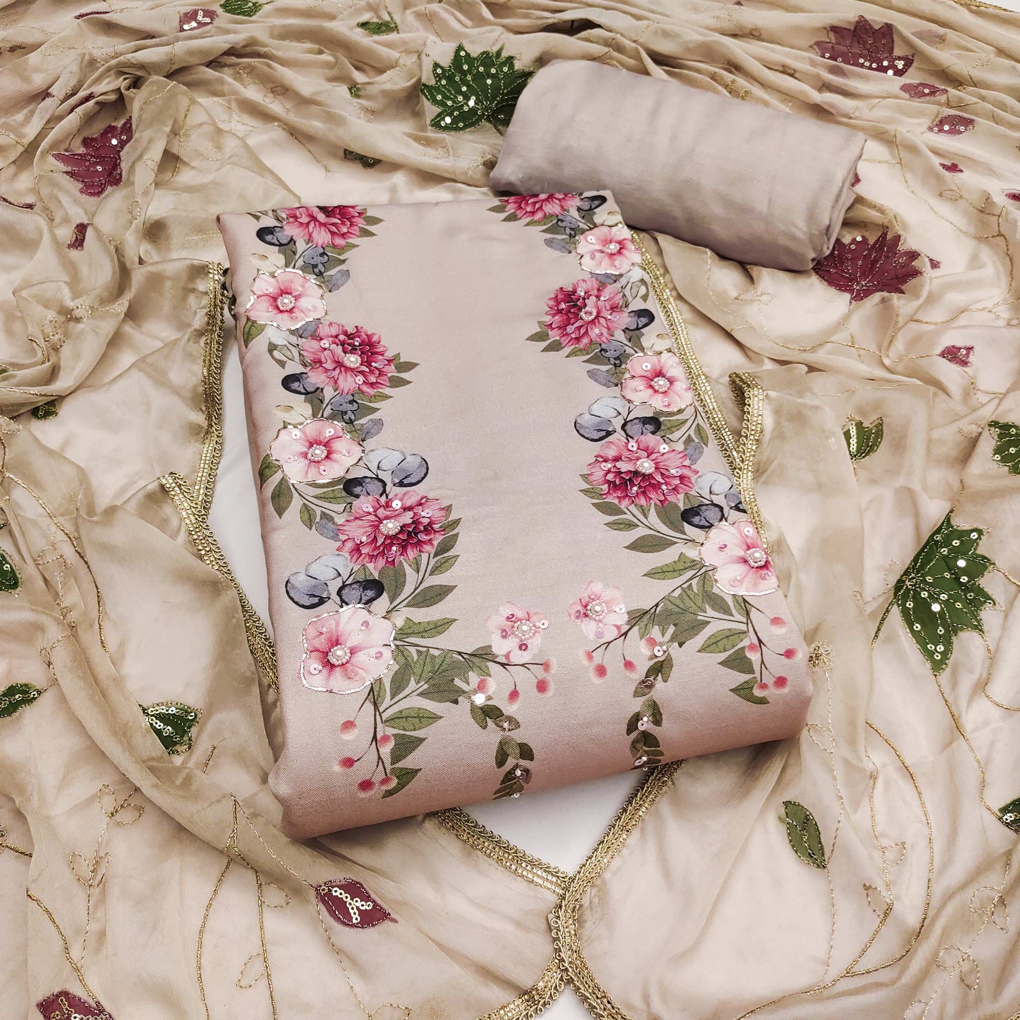 Beige Rayon Fabric with Floral Print Dress Material