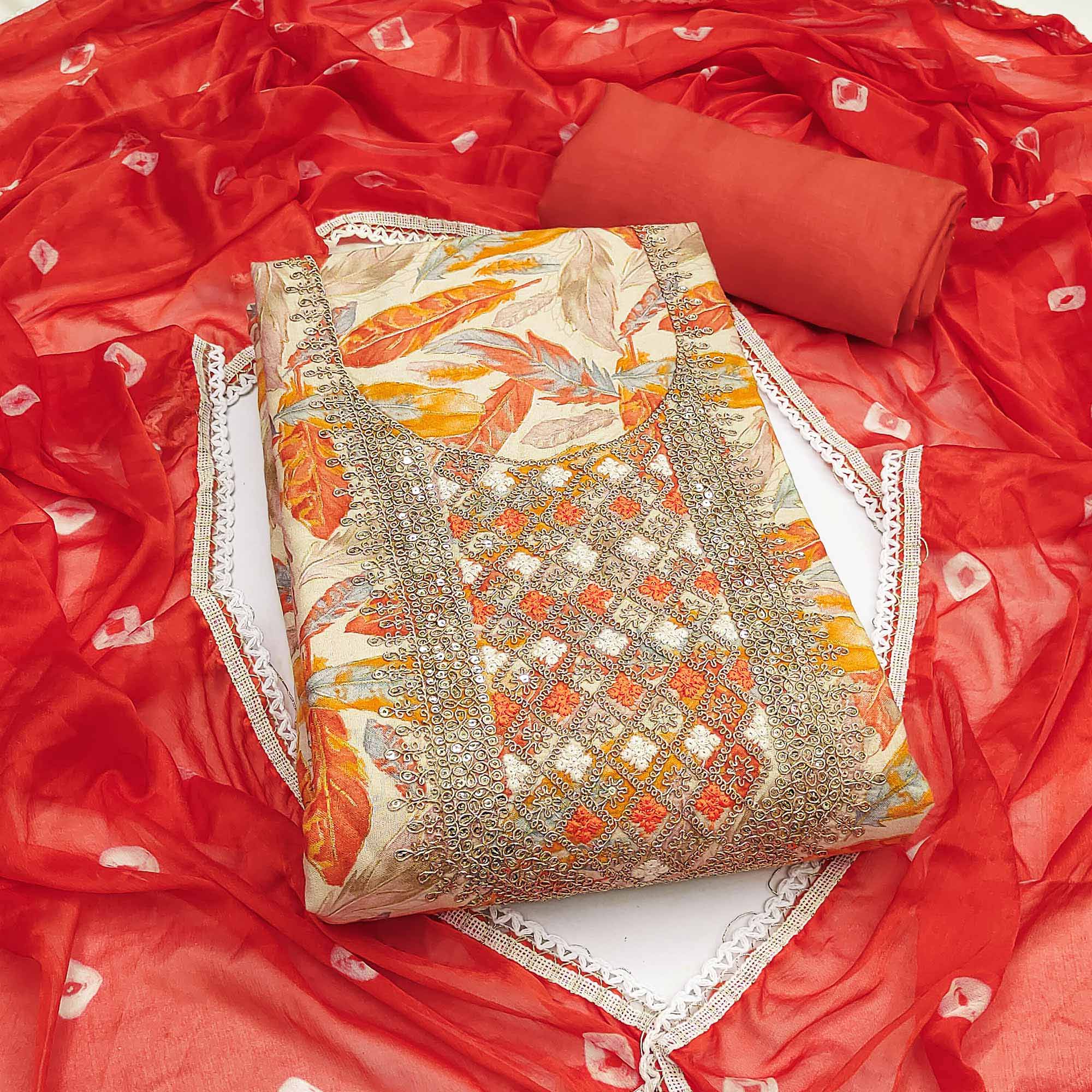 Off White & Orange Floral Printed Pure Cotton Unstitched Dress Material