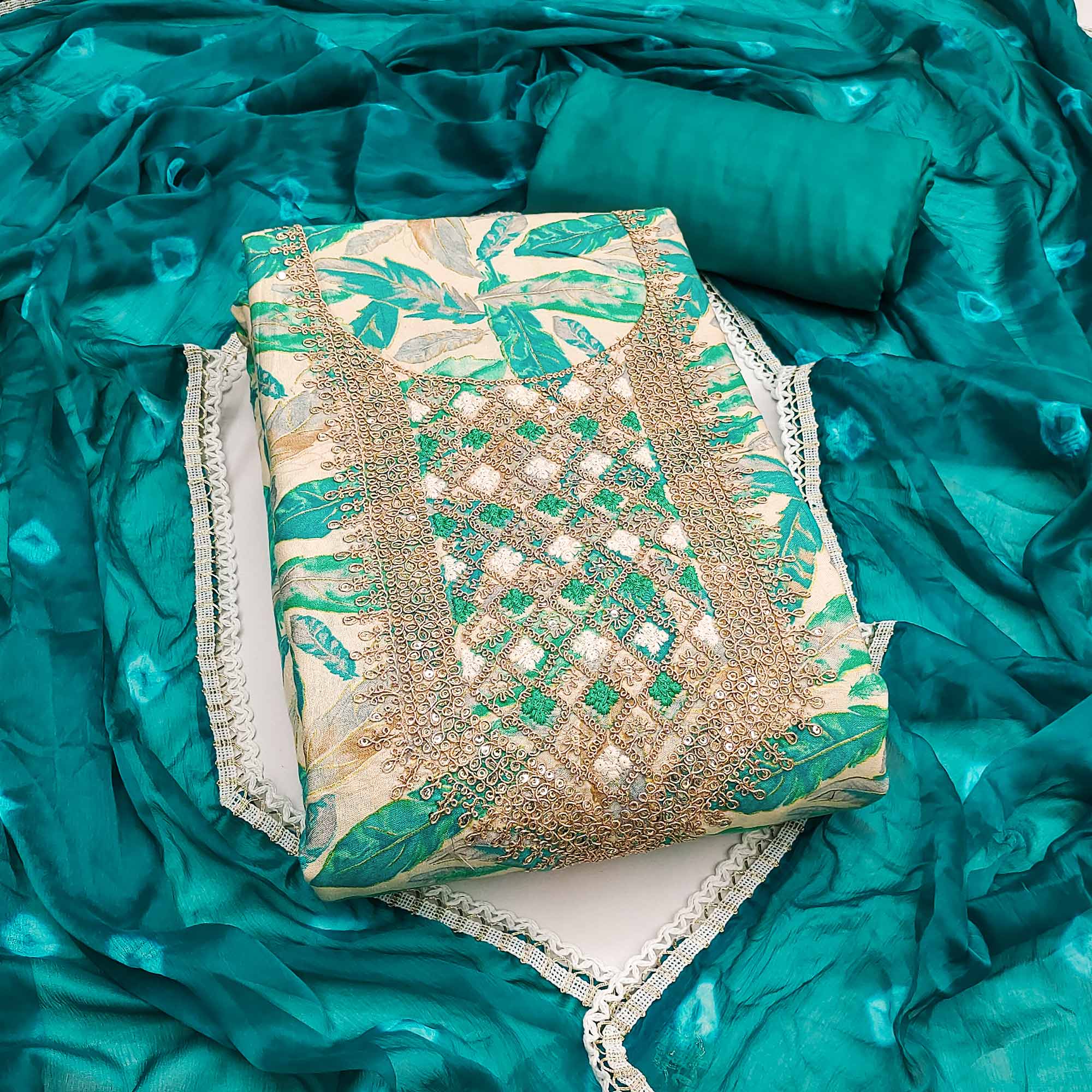 Off White & Teal Floral Printed Pure Cotton Unstitched Dress Material