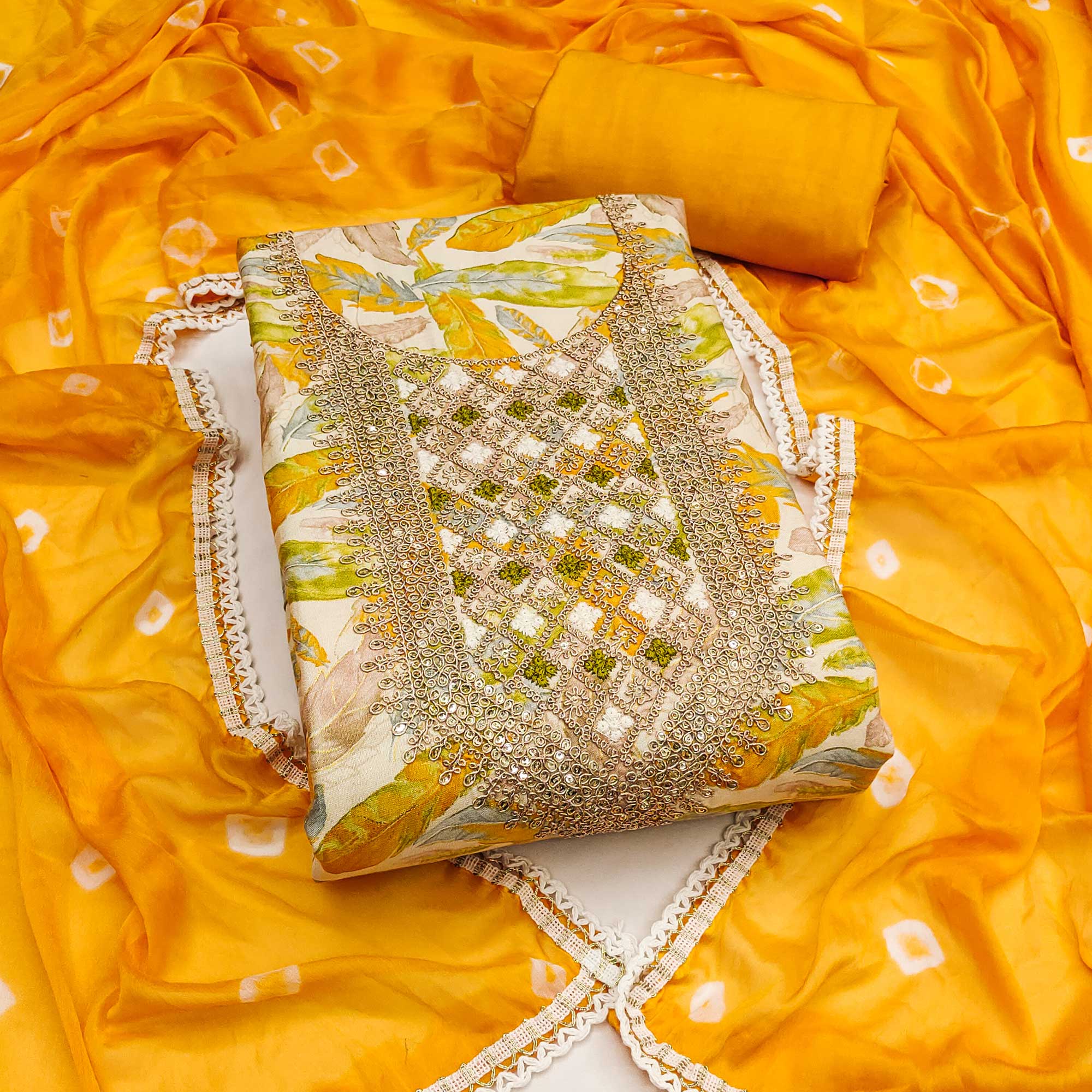 Off White & Yellow Floral Printed Pure Cotton Unstitched Dress Material