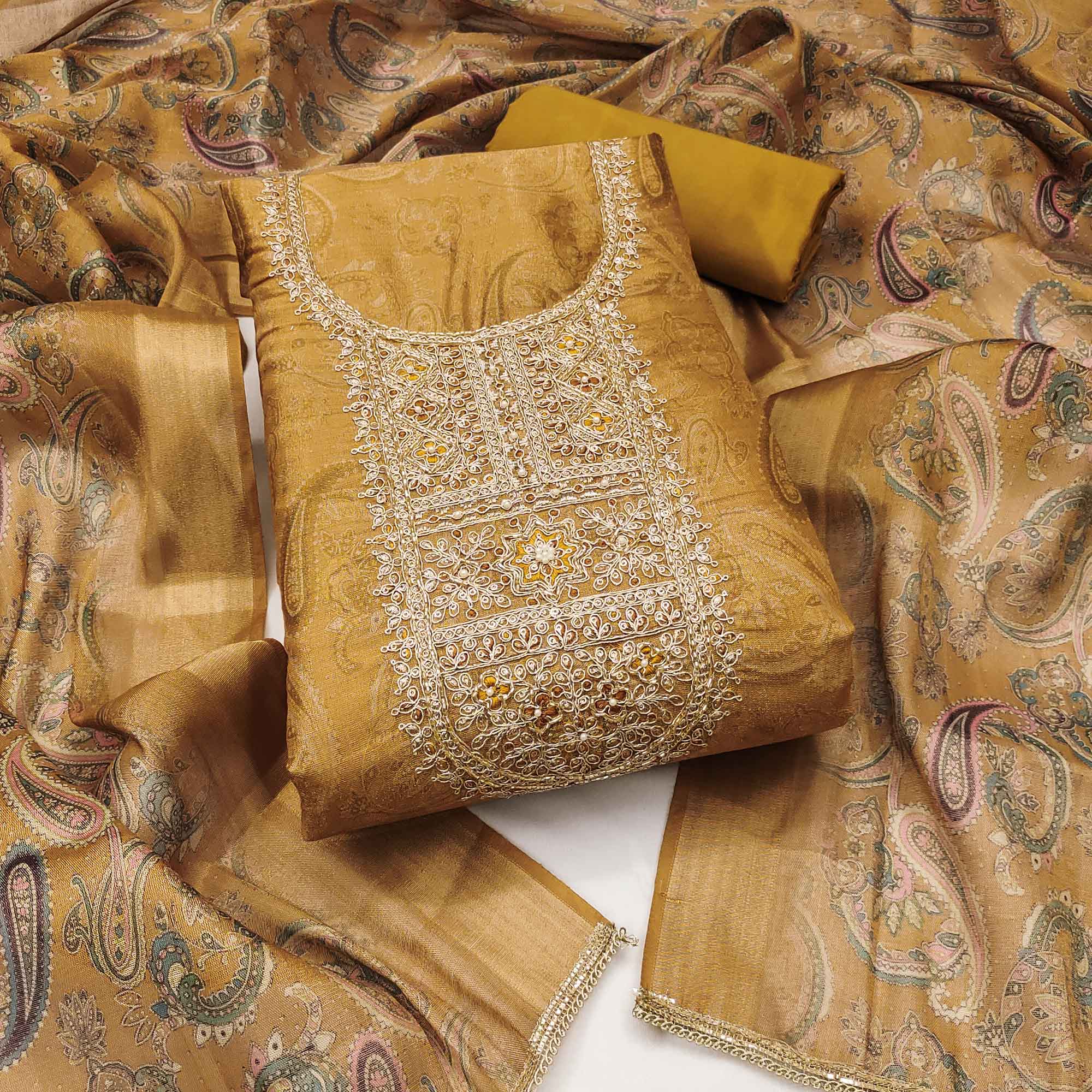 Festive Olive Printed Shimmer Cotton Silk Unstitched Dress Material with Decorative Thread Work