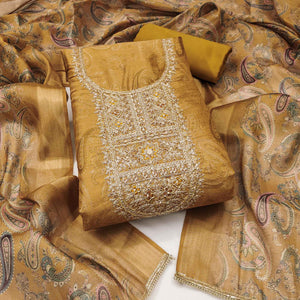 Festive Olive Printed Shimmer Cotton Silk Unstitched Dress Material with Decorative Thread Work