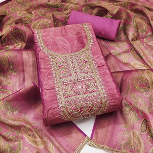 Festive Pink Printed Shimmer Cotton Silk Unstitched Dress Material with Decorative Thread Work