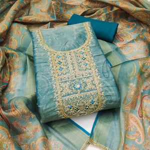 Festive Teal Printed Shimmer Cotton Silk Unstitched Dress Material with Decorative Thread Work
