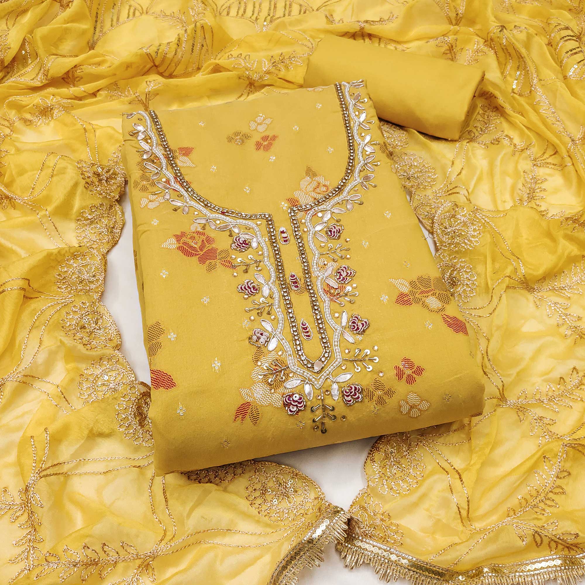 Mustard Unstitched Dress Material in Shimmer Cotton Silk with Delicate Thread Work Embroidery
