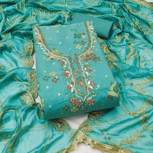 Rama Green Unstitched Dress Material in Shimmer Cotton Silk with Delicate Thread Work Embroidery