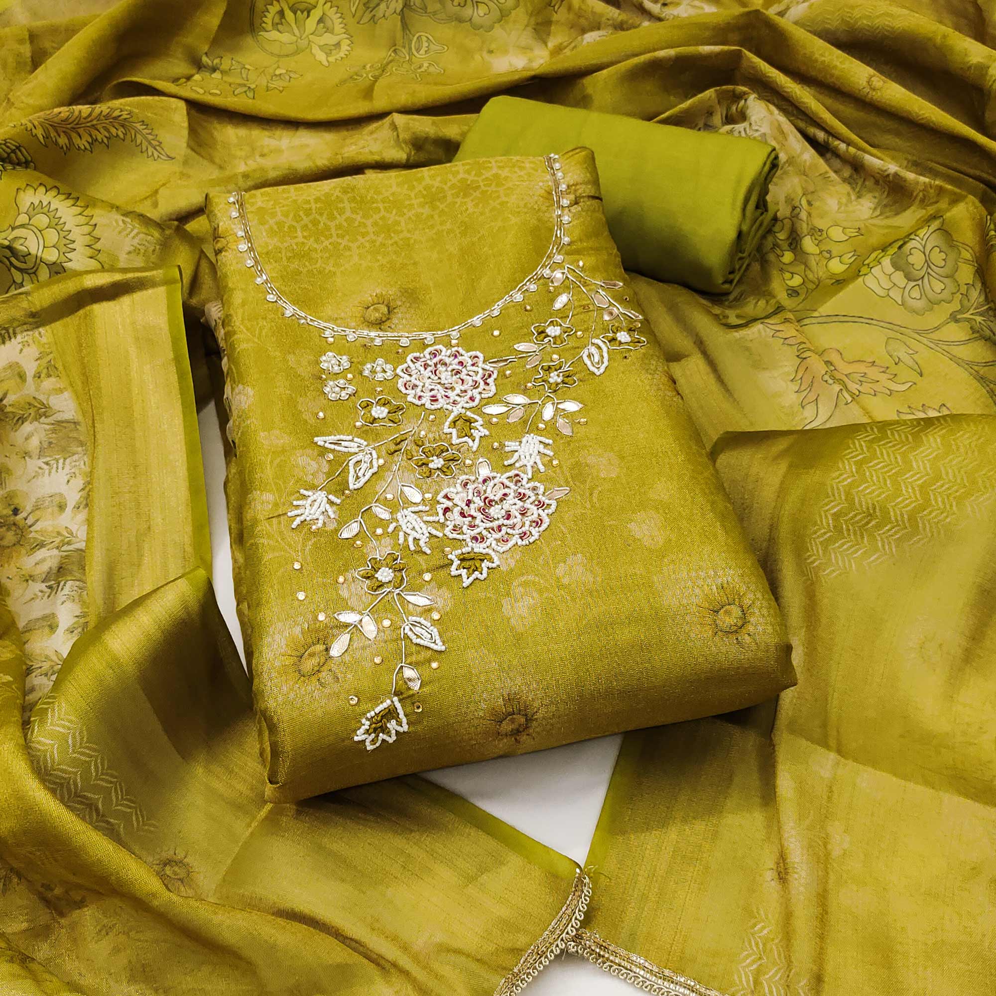 Green Shimmer Cotton Silk Suit Fabric with Printed Motifs and Thread Embroidery