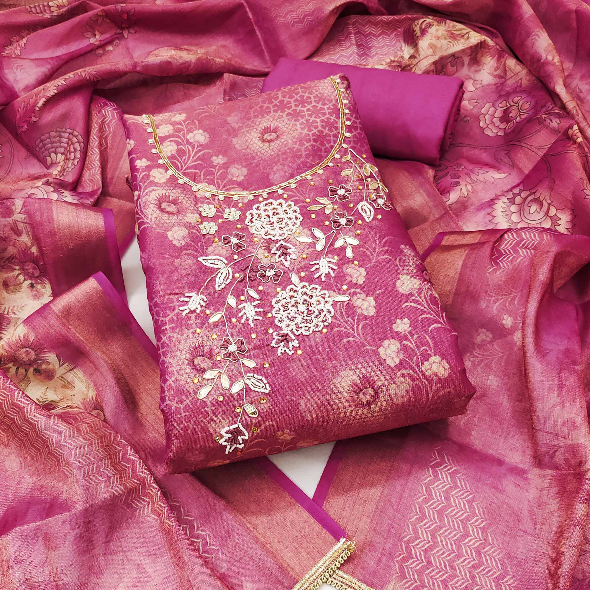 Pink Shimmer Cotton Silk Suit Fabric with Printed Motifs and Thread Embroidery