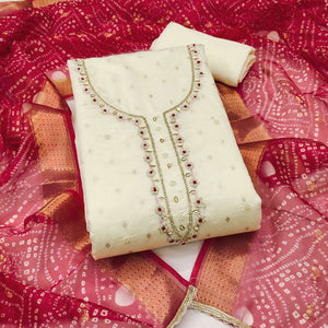 Cream Woven Banarasi Cotton Silk Dress Material with Artistic Bead Work and Classic Texture