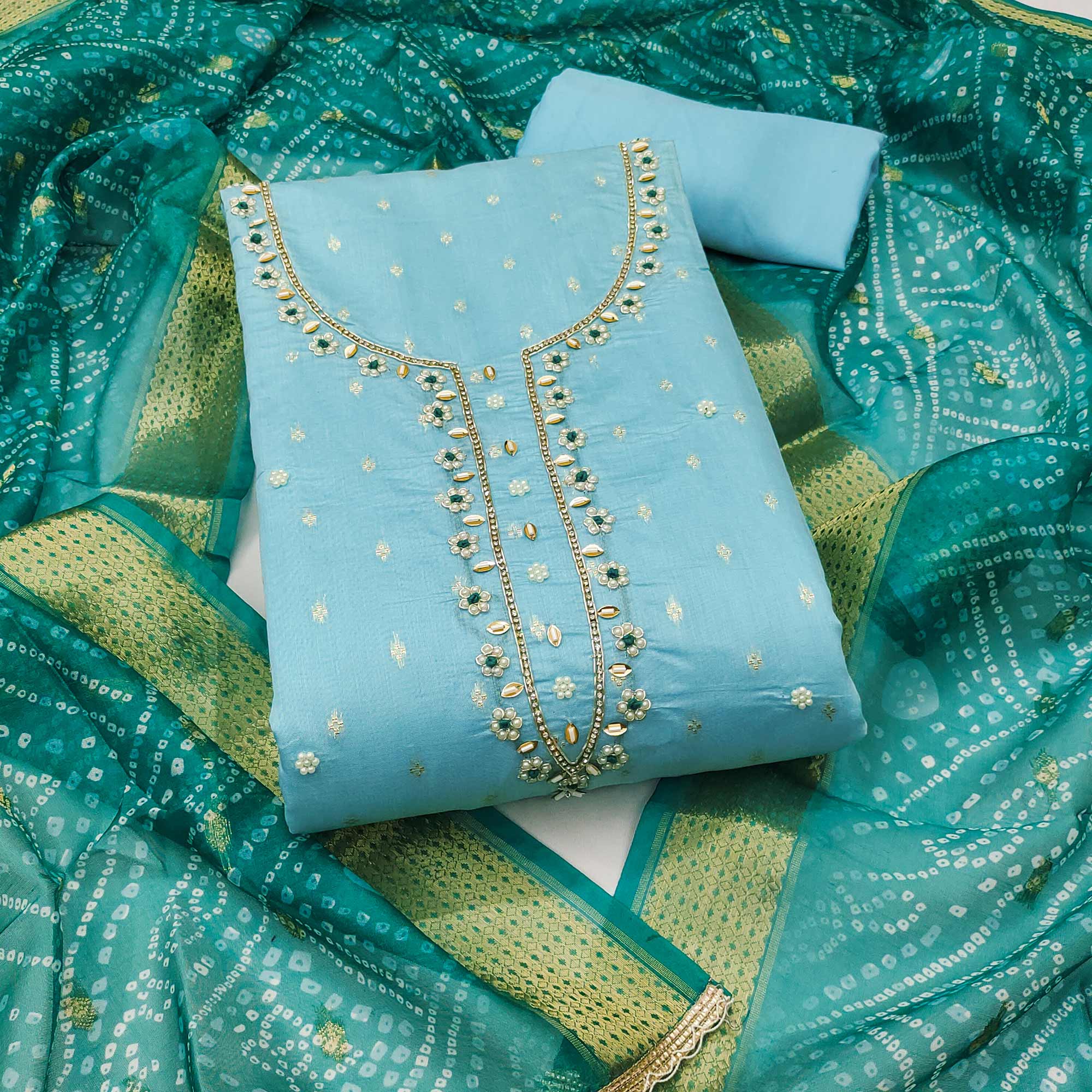 Sky Blue Woven Banarasi Cotton Silk Dress Material with Artistic Bead Work and Classic Texture
