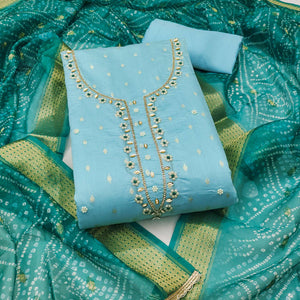 Sky Blue Woven Banarasi Cotton Silk Dress Material with Artistic Bead Work and Classic Texture