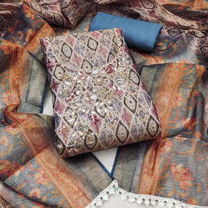 Blue Ikkat Printed Shimmer Cotton Silk Unstitched Dress Material with Elegant Beads Work