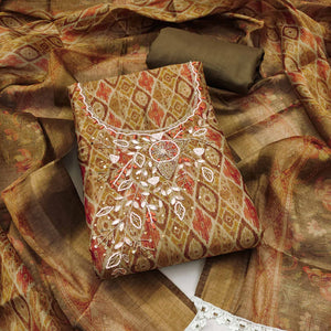 Green Ikkat Printed Shimmer Cotton Silk Unstitched Dress Material with Elegant Beads Work