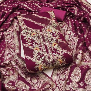 Magenta Shimmer Cotton Silk Suit Material Featuring Zari Weaving and Artistic Embroidered Detailing