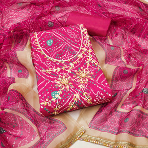 Pink Bandhani Print Unstitched Dress Material with Beautiful Gotta Patti Work for Festive Wear