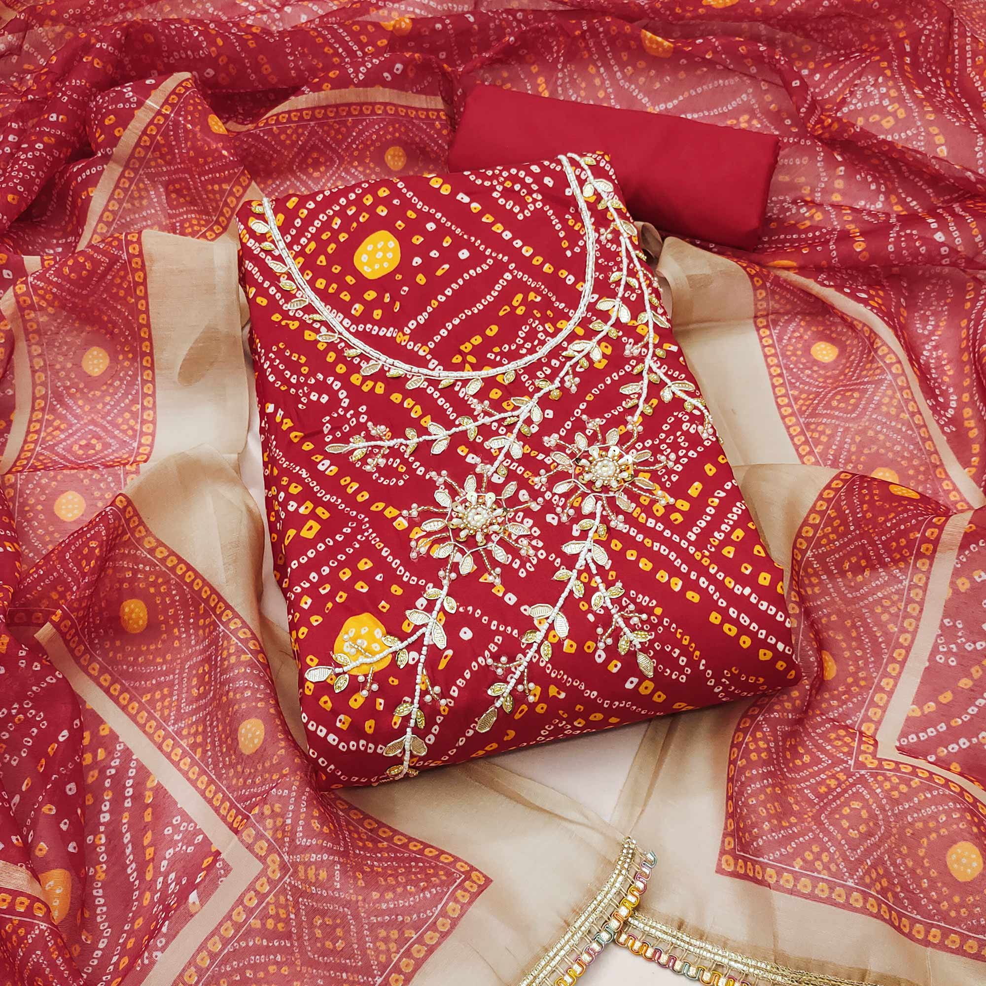 Red Bandhani Print Unstitched Dress Material with Beautiful Gotta Patti Work for Festive Wear