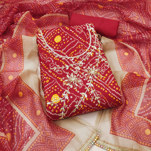 Red Bandhani Print Unstitched Dress Material with Beautiful Gotta Patti Work for Festive Wear