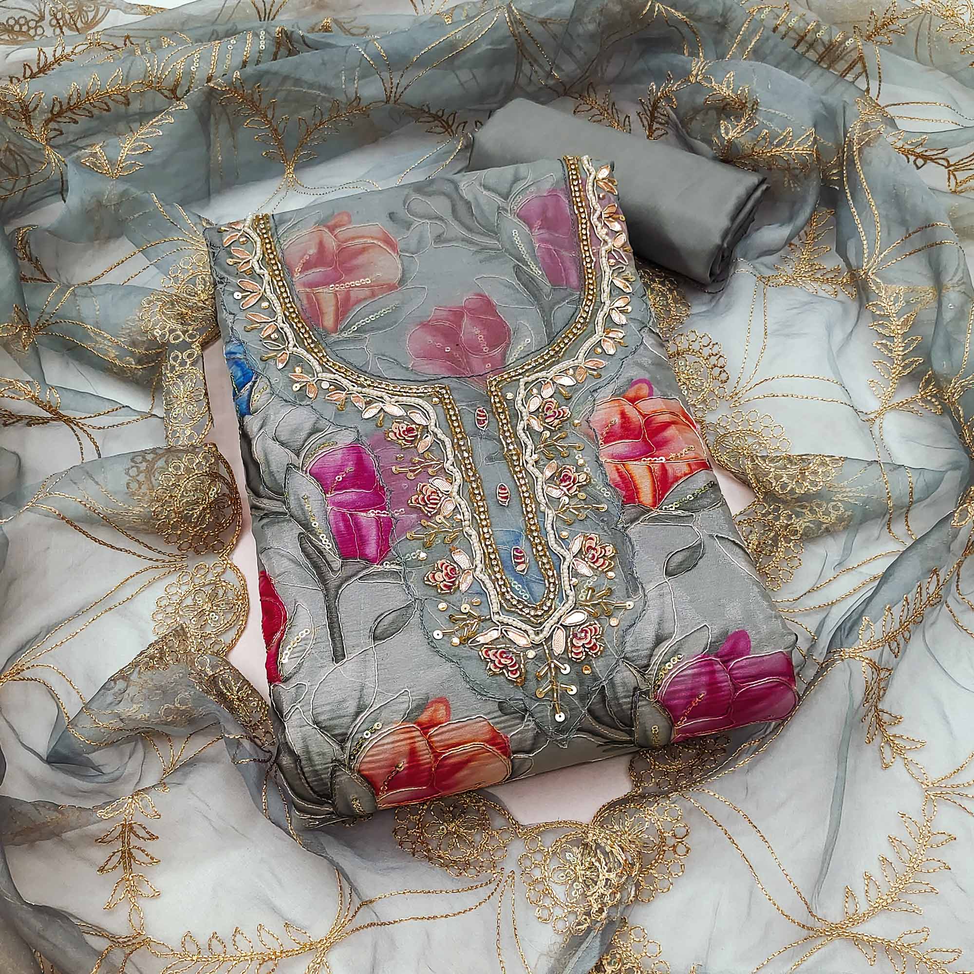 Grey Floral Printed Organza Suit Fabric Adorned with Delicate Hand Beads Work