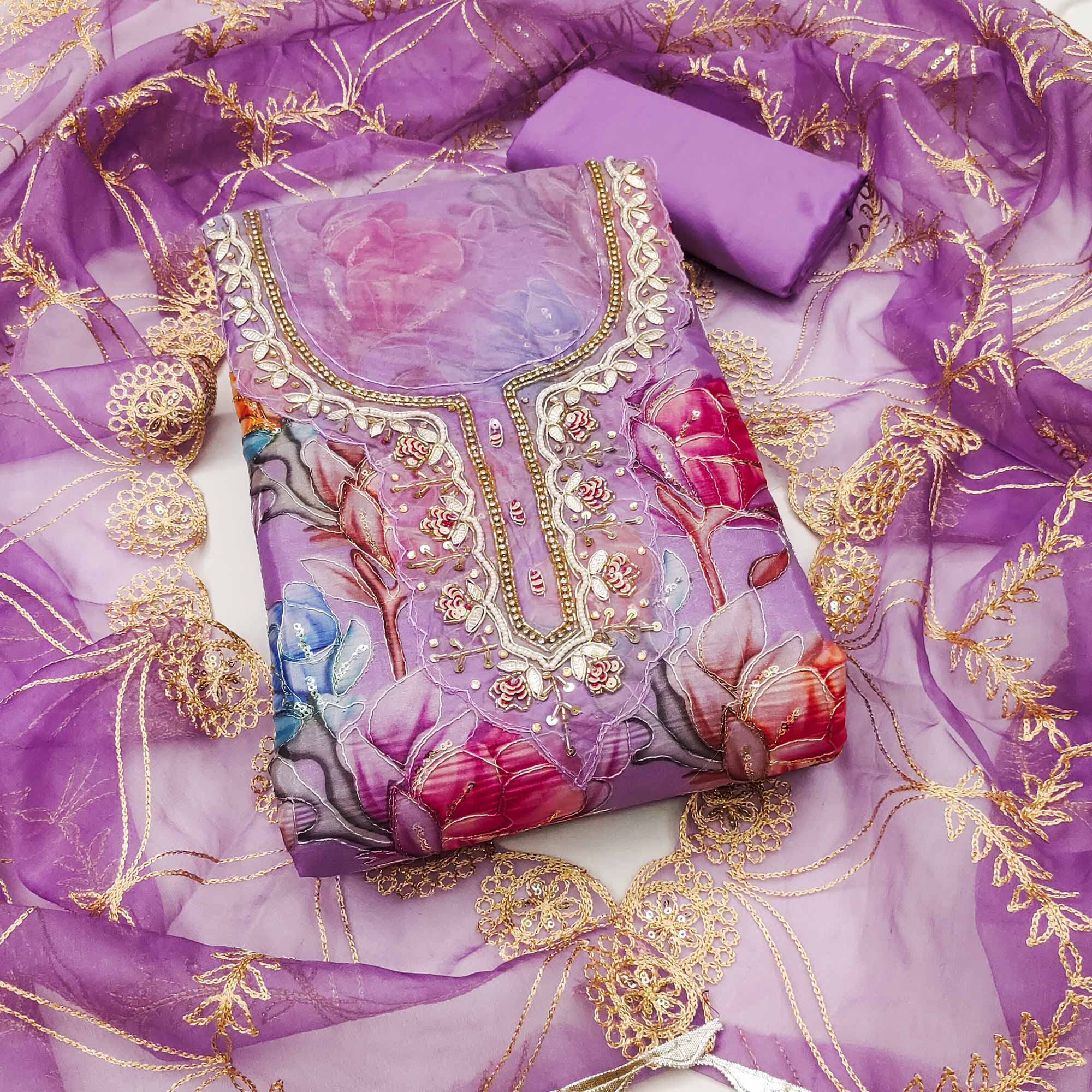 Purple Floral Printed Organza Suit Fabric Adorned with Delicate Hand Beads Work