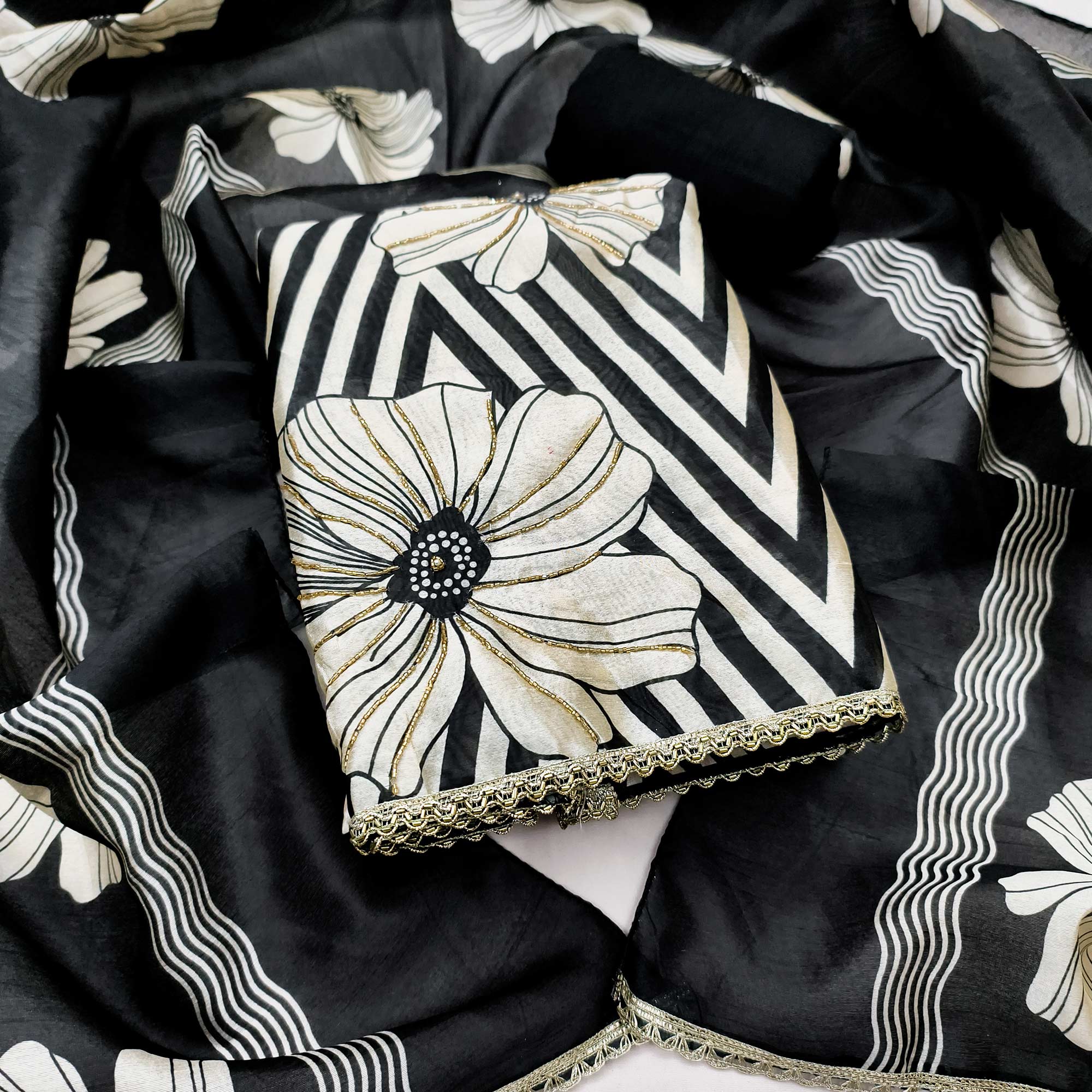 Black Digital Printed Cotton Silk Dress Material Featuring Floral & Zig Zag Patterns With Handwork