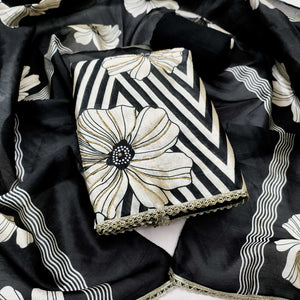 Black Digital Printed Cotton Silk Dress Material Featuring Floral & Zig Zag Patterns With Handwork