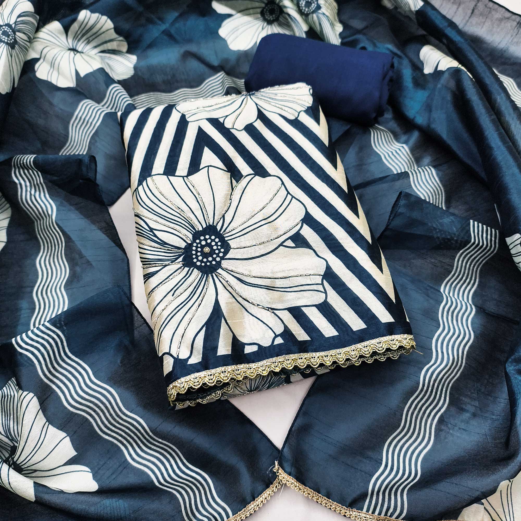 Blue Digital Printed Cotton Silk Dress Material Featuring Floral & Zig Zag Patterns With Handwork