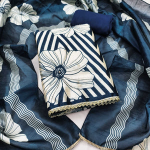 Blue Digital Printed Cotton Silk Dress Material Featuring Floral & Zig Zag Patterns With Handwork