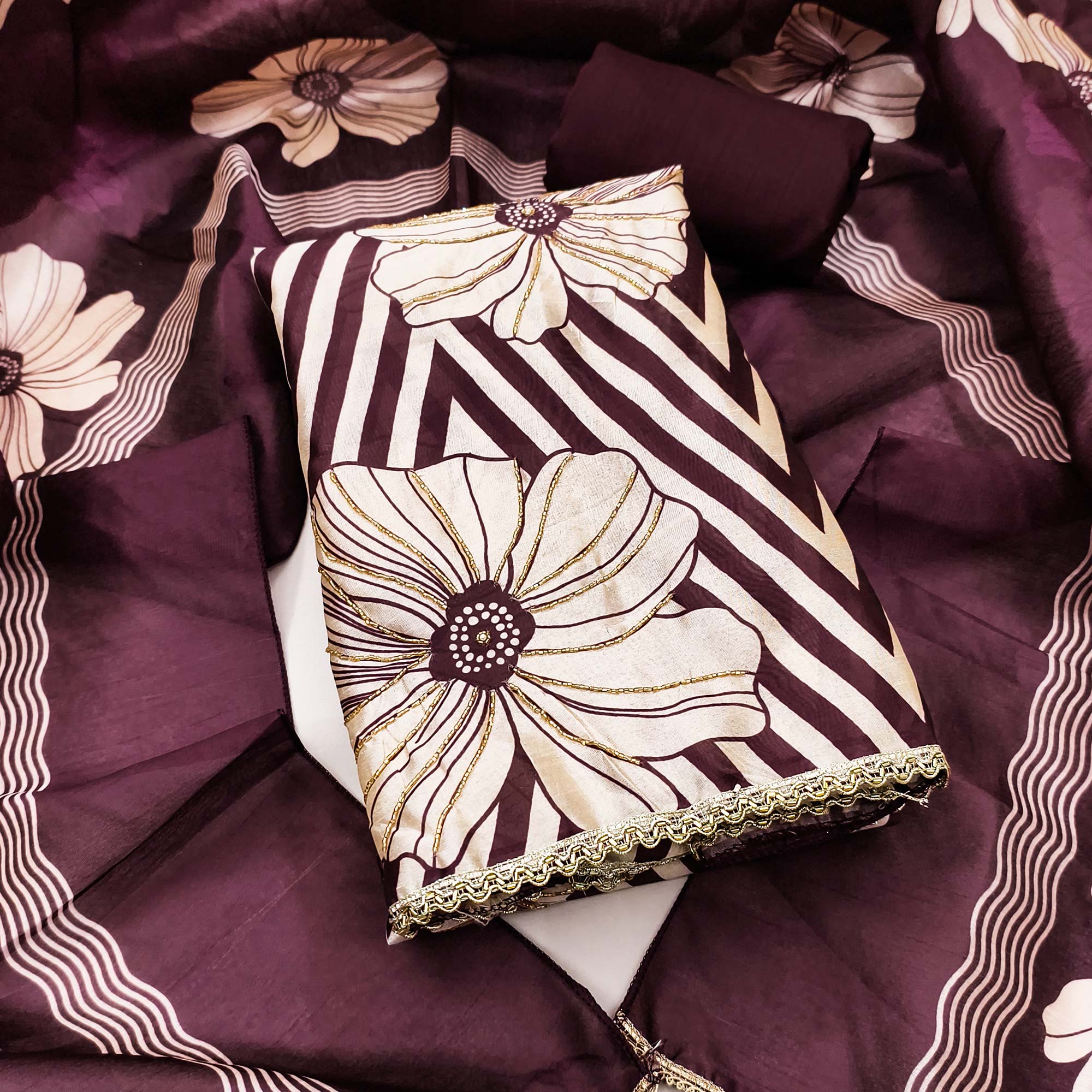 Wine Digital Printed Cotton Silk Dress Material Featuring Floral & Zig Zag Patterns With Handwork