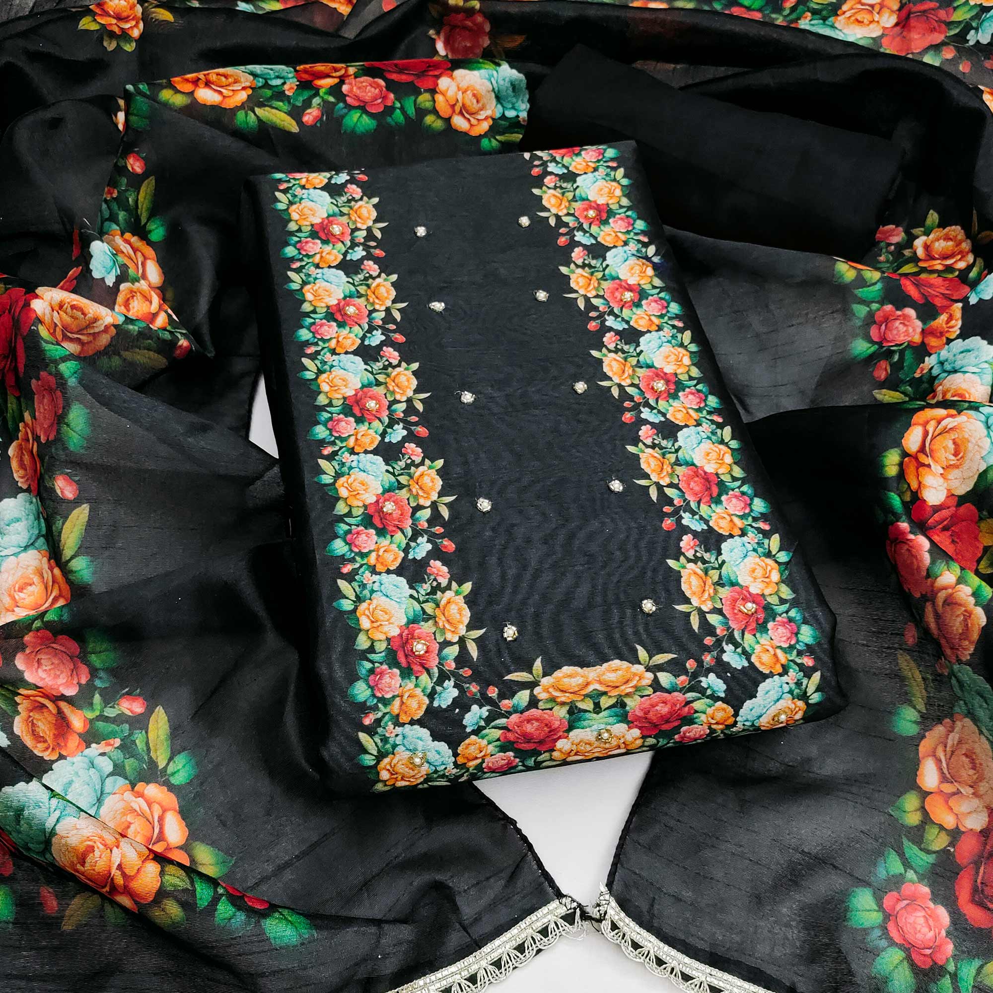 Premium Black Floral Digital Printed Cotton Silk Dress Material With Moti Handwork