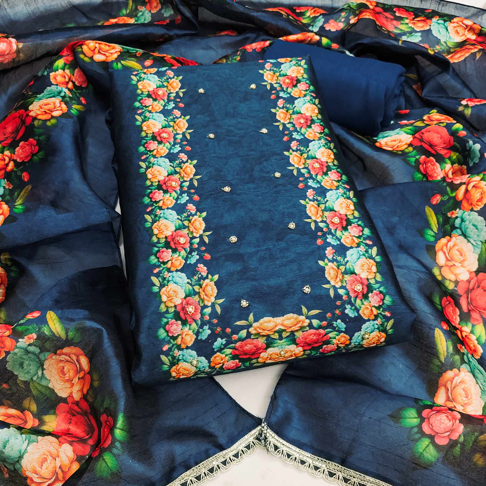 Premium Blue Floral Digital Printed Cotton Silk Dress Material With Moti Handwork