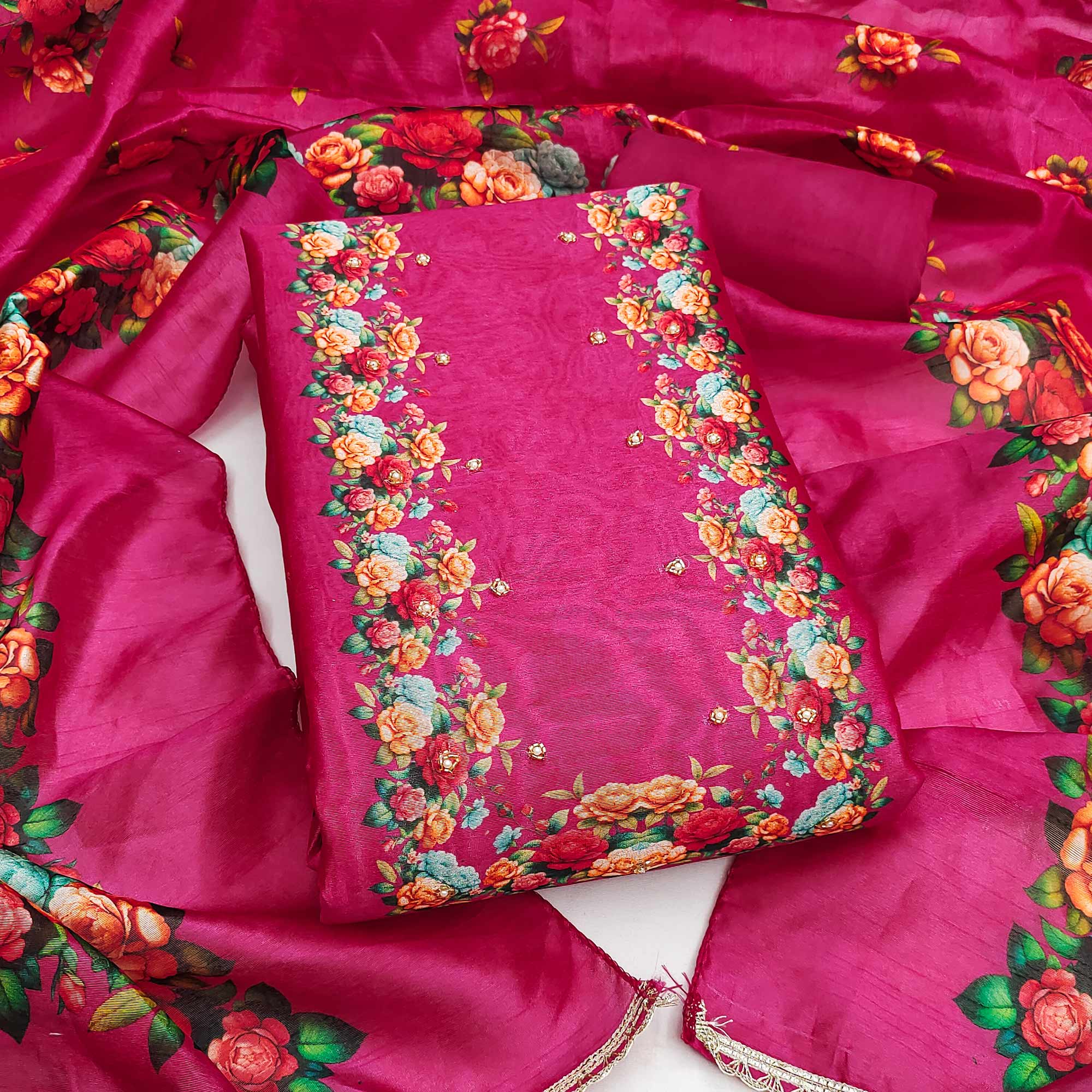 Premium Rani Pink Floral Digital Printed Cotton Silk Dress Material With Moti Handwork