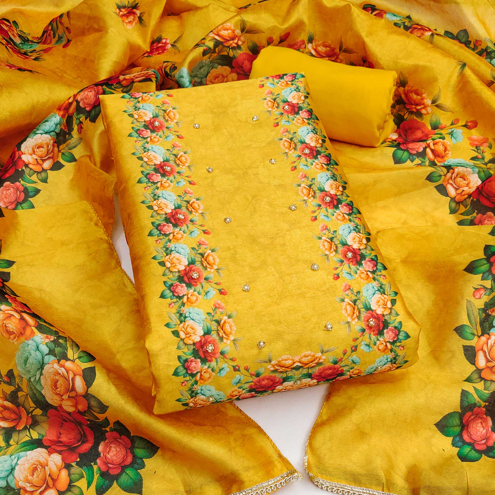 Premium Yellow Floral Digital Printed Cotton Silk Dress Material With Moti Handwork
